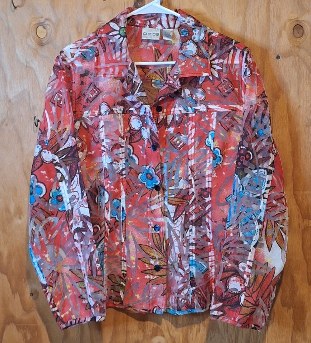 Chico's Shirt Women's Size Medium (2) Red Artsy Floral Semi-Sheer Tropical Beach